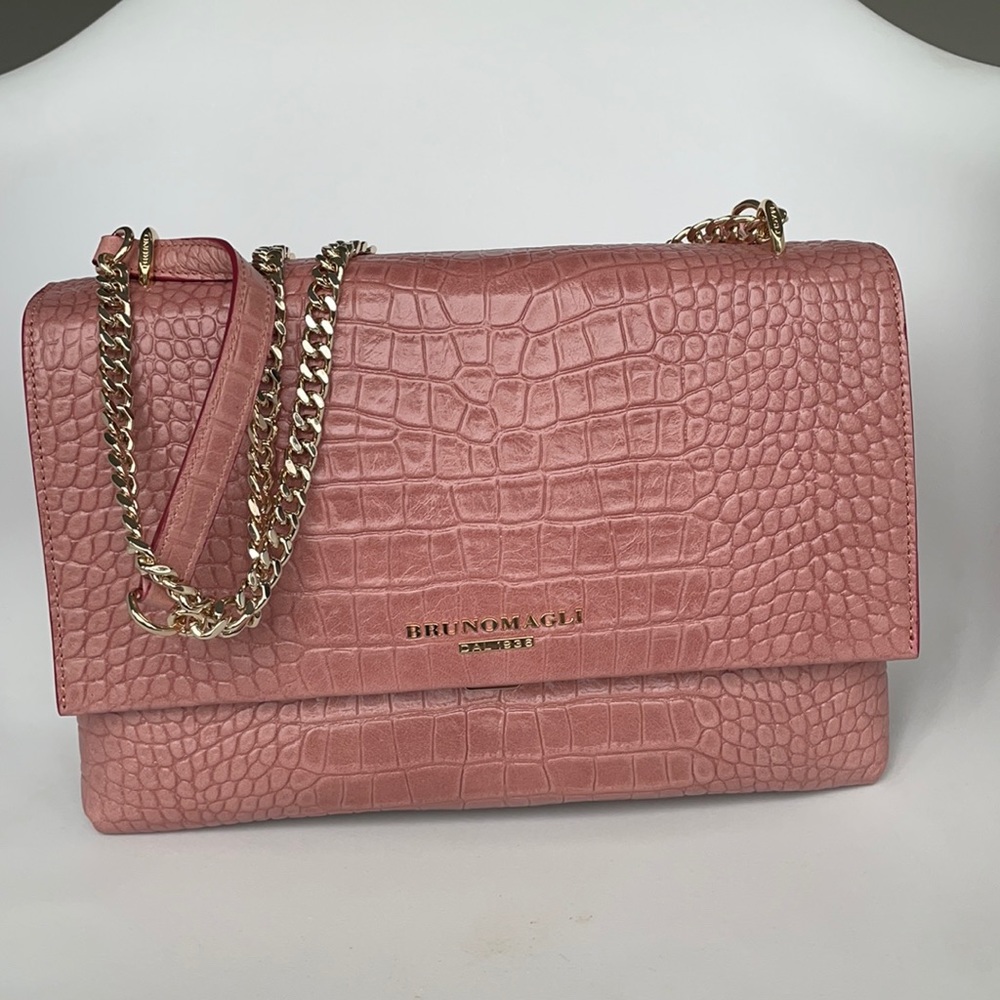 CROC-EMBOSSED CHAIN SHOULDER BAG - DUSTY ROSE